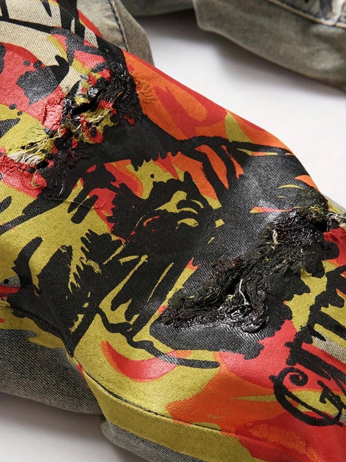 European and American new trend fashion old washed hole printed jeans